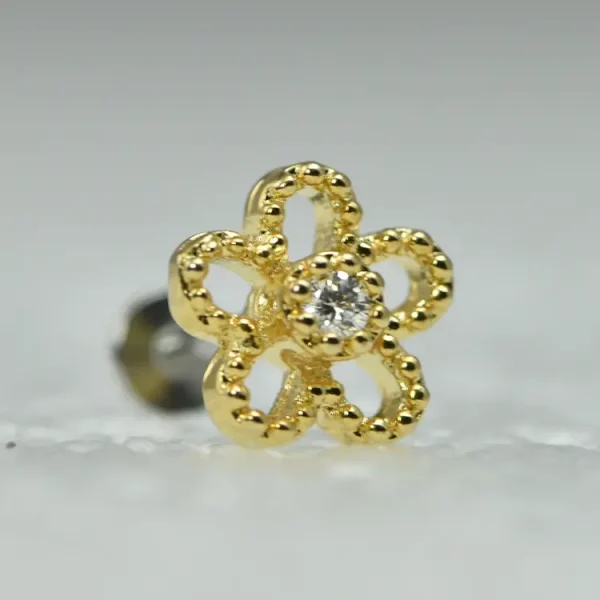Piercing labret en forme de fleur dorée avec strass en acier pour oreille
