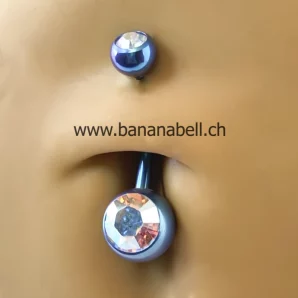 Piercing médical nombril titane bleu double strass arc-en-ciel