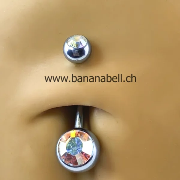 Piercing médical nombril titane bleu ciel double strass arc-en-ciel
