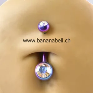 Piercing médical nombril titane caméléon double strass arc-en-ciel