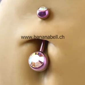 Piercing médical nombril titane fuchsia double strass arc-en-ciel