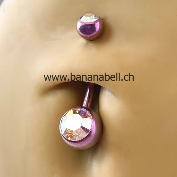 Piercing médical nombril titane fuchsia double strass arc-en-ciel